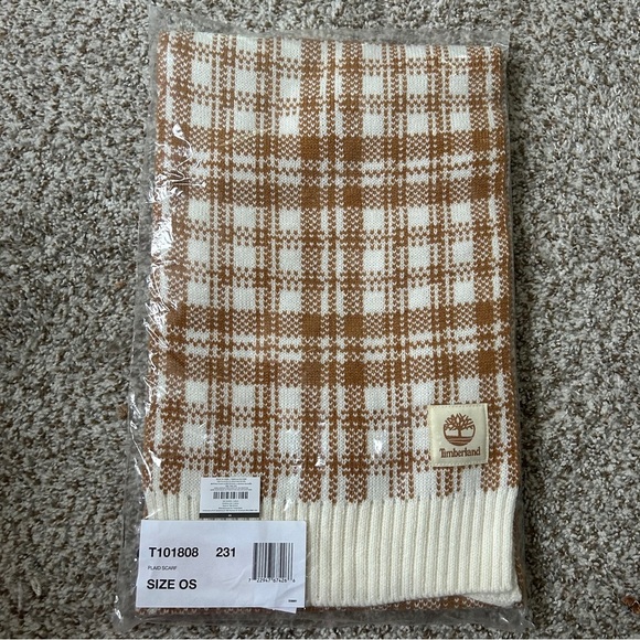 Timberland Buffalo Plaid Tan White Knit Unisex Winter Scarf NWT Fall Casual - Picture 2 of 6